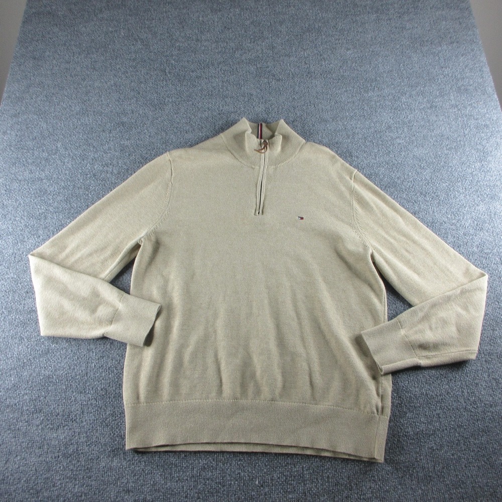 Tommy Hilfiger Sweater Mens L Beige 1/4 Zip Mock Neck Cotton Knit Pullover